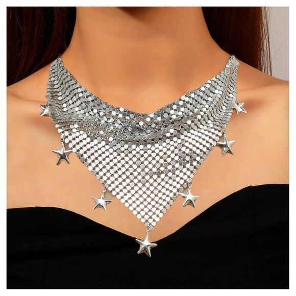 Y2K Neckerchief Star Bandana Sparkle Bling Scarf Statement Choker Necklace NWOT - Picture 7 of 9